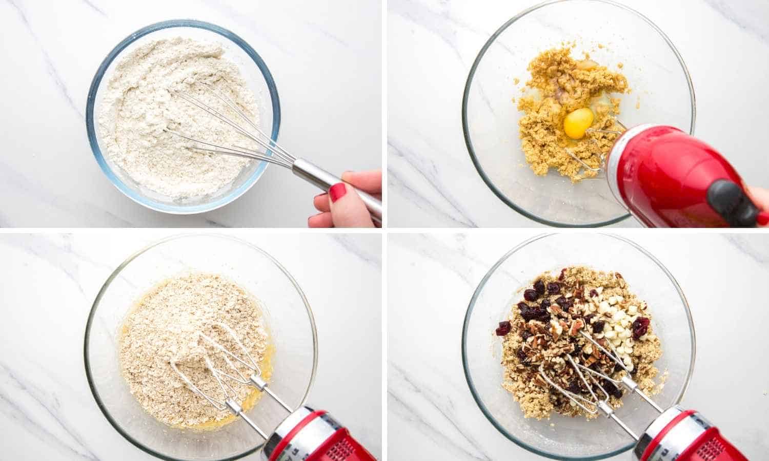 Collage of four images showing how to make cranberry oatmeal cookie dough