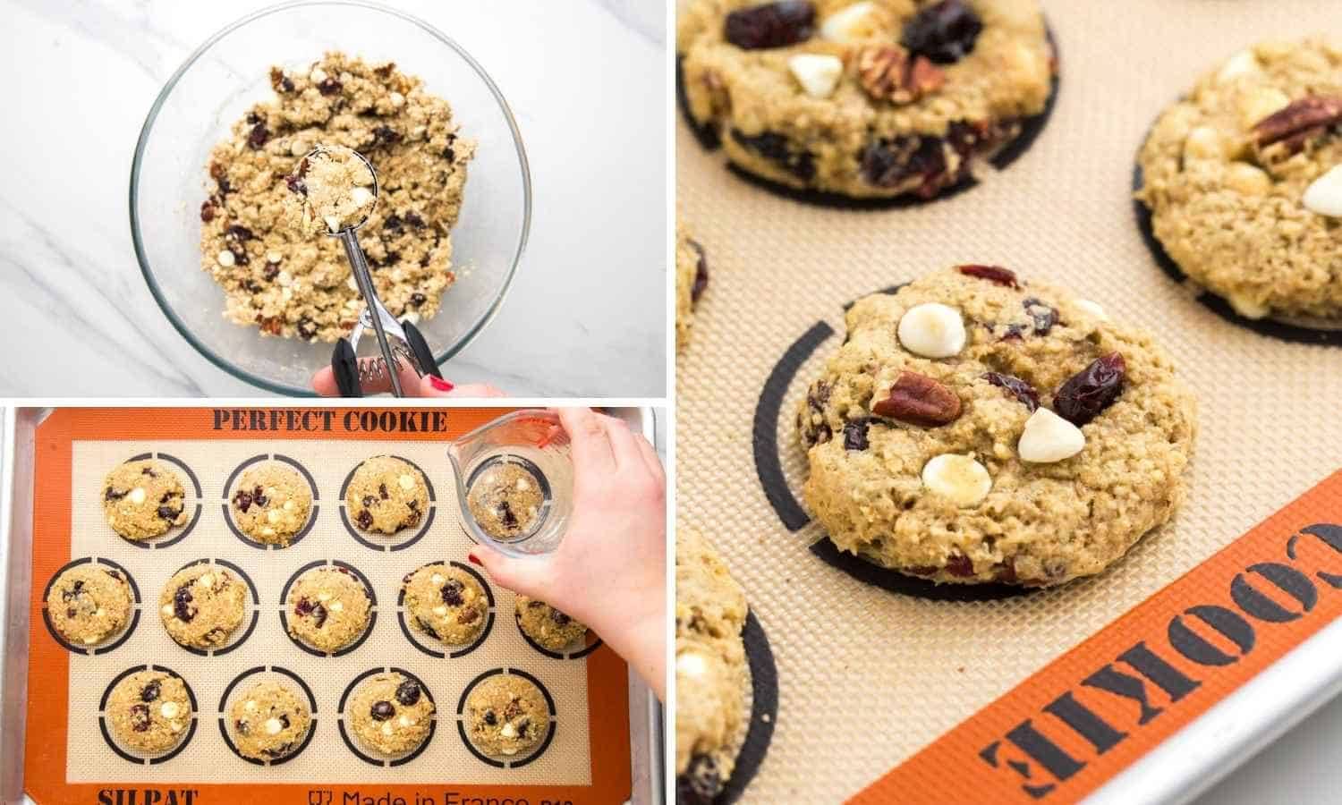 Collage of three images showing how to make cranberry oatmeal cookies