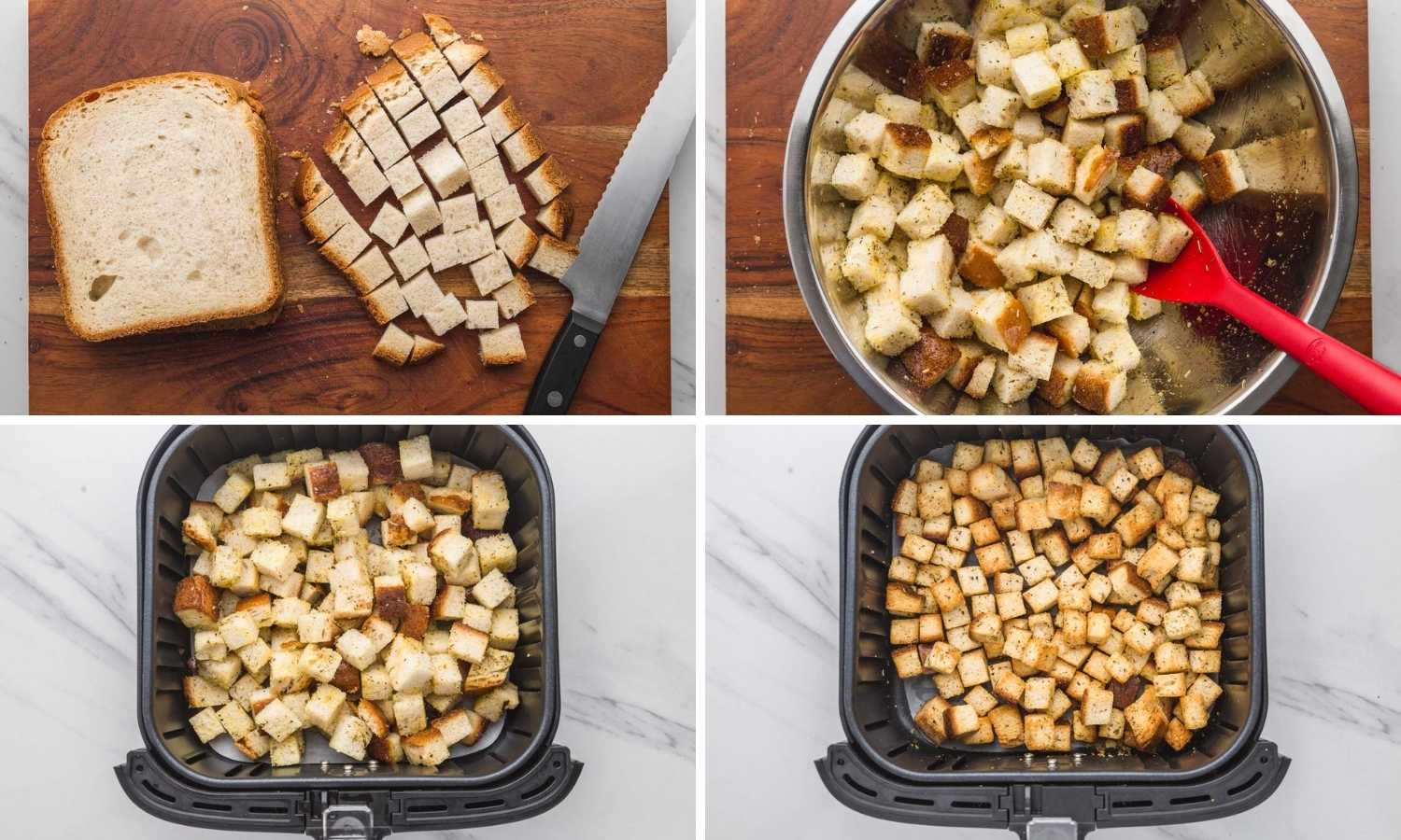 Collage of four images showing how to make croutons in the air fryer