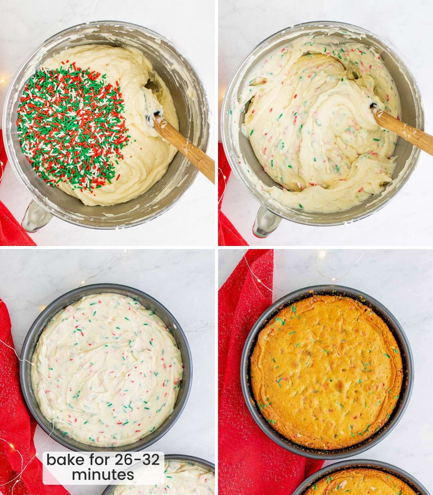 Collage of four images showing how to fold in funfetti in the batter, and bake the cake layers.