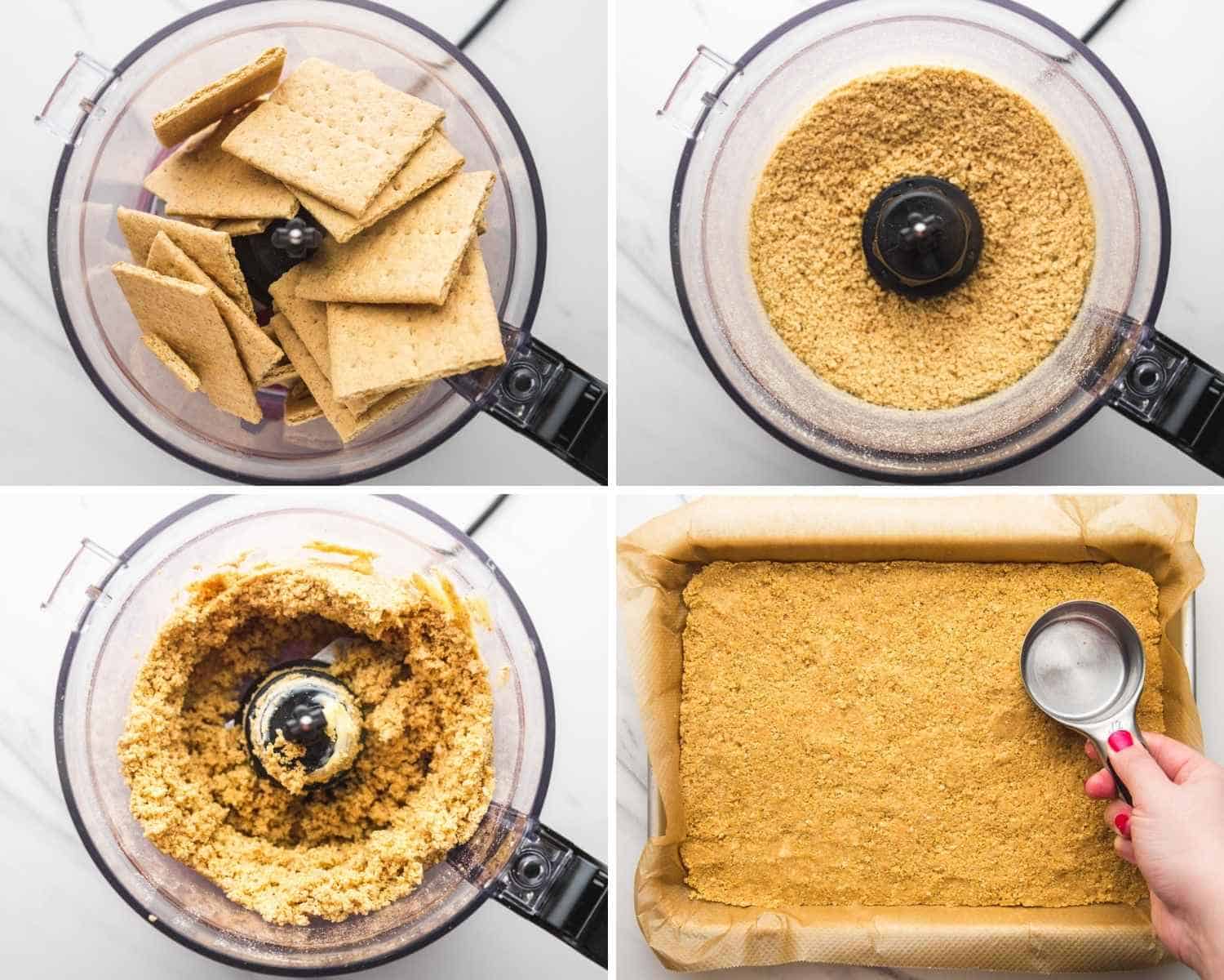 How to make graham cracker crust shown in a collage of four images