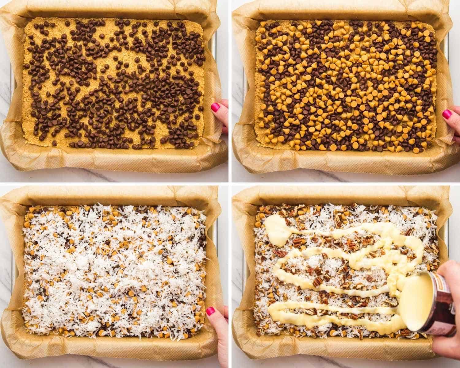 Collage of four images showing how to make seven layer magic bars