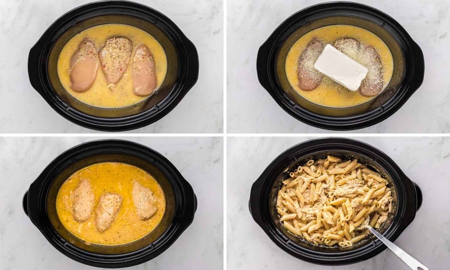 Collage of four images showing how to make chicken pasta in the crockpot