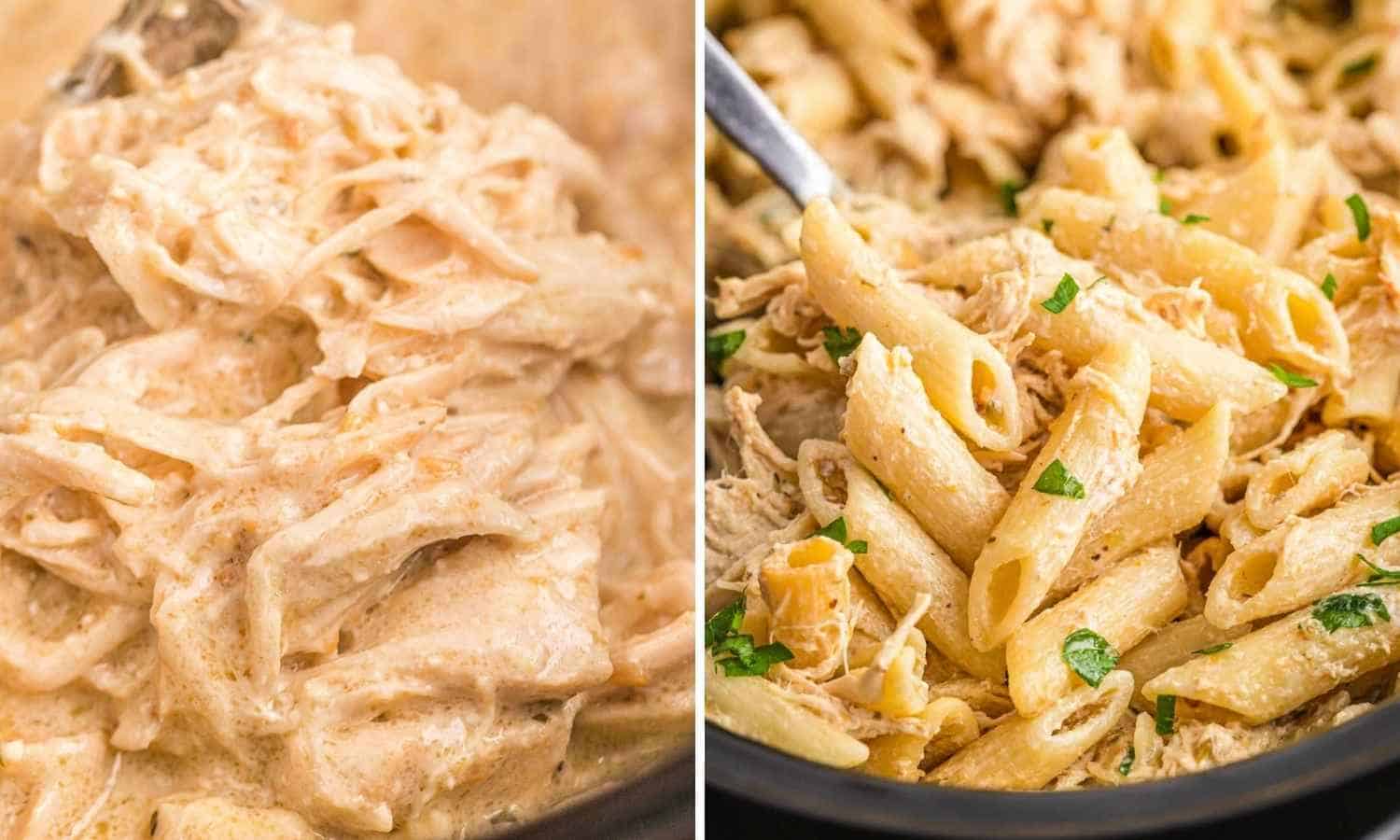 Collage of two images showing how to make shredded chicken and then mixed with pasta