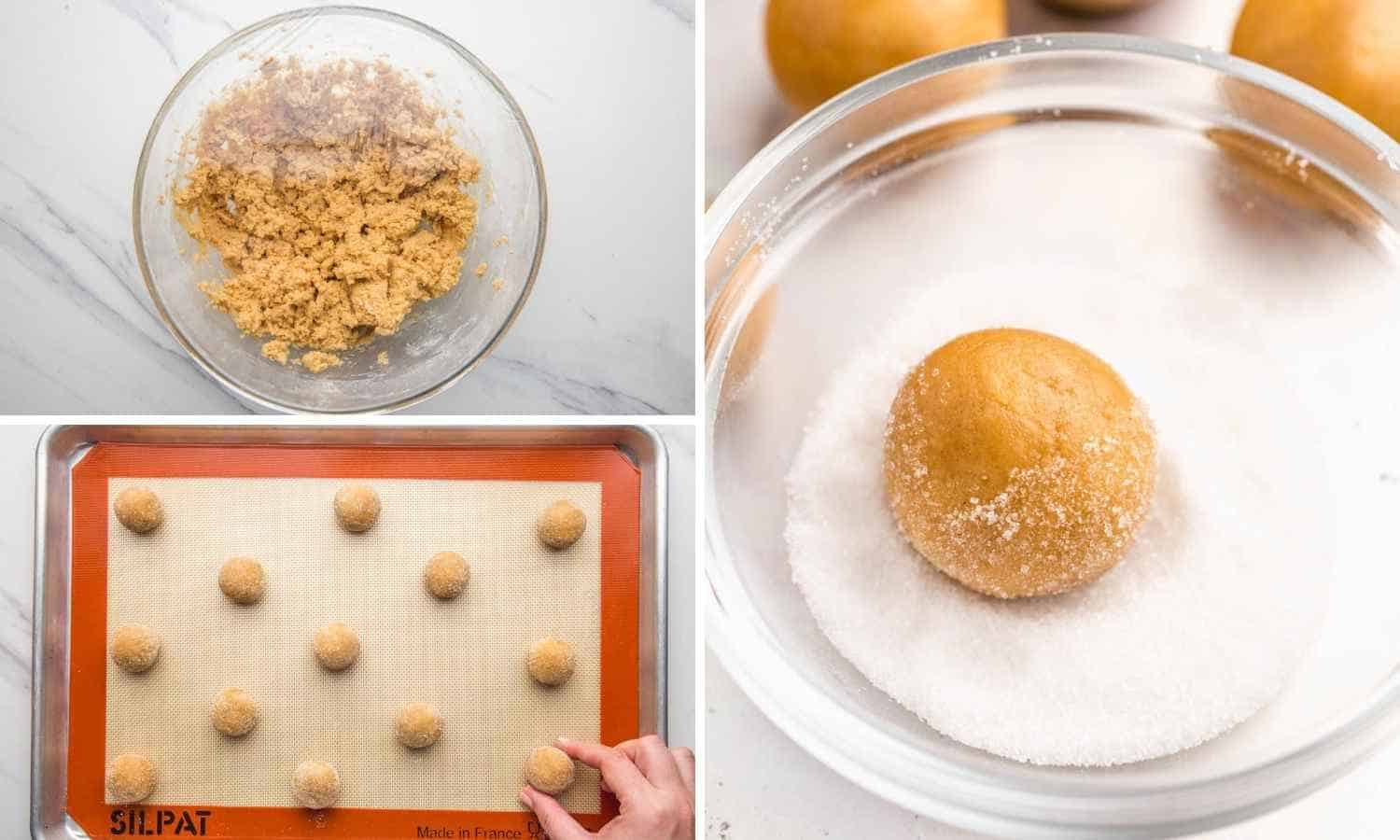 Collage of three images showing how to roll peanut butter blossoms dough in sugar