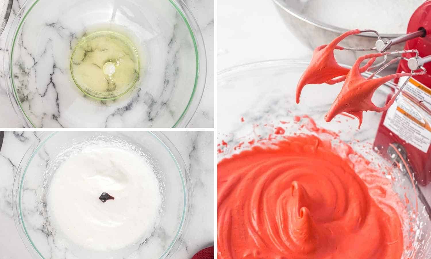 Collage of three images showing how to whip egg whites and make the batter