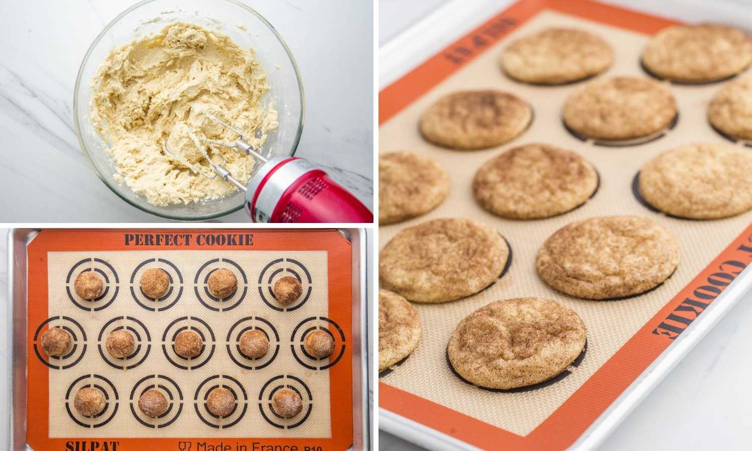Collage of three images showing how to roll cookie dough balls and dip in cinnamon sugar and then bake to make snickerdoodles