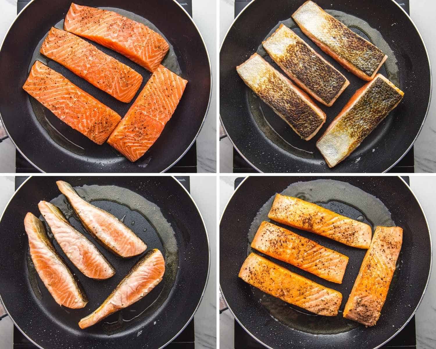 Collage of four images showing how to cook salmon