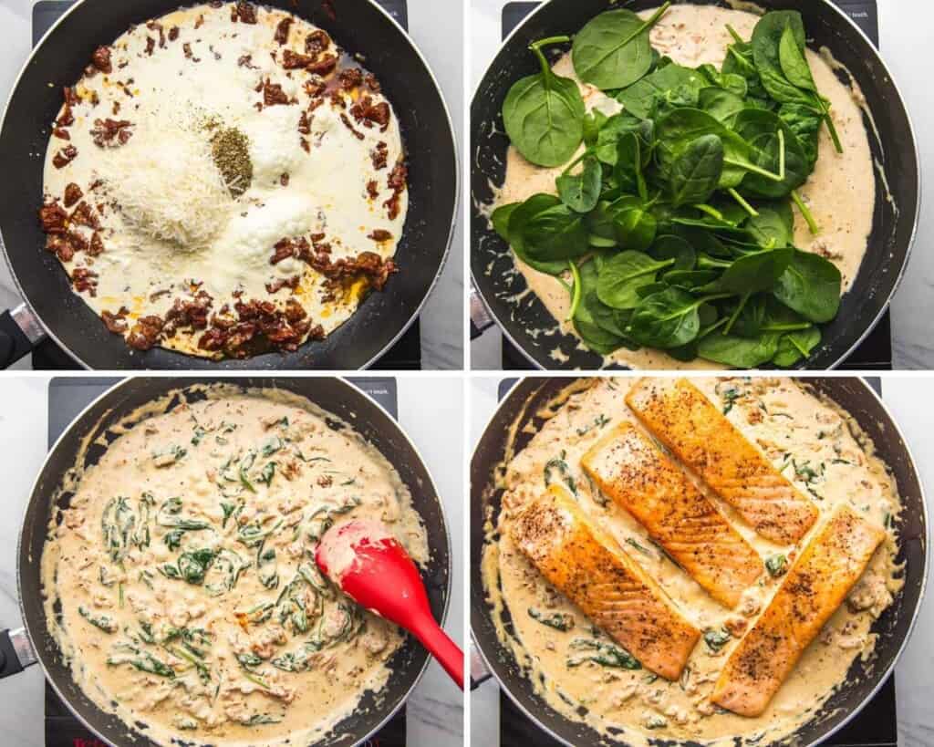 Collage of four images showing how to make cream sauce for salmon, then add the cooked salmon fillets to the sauce