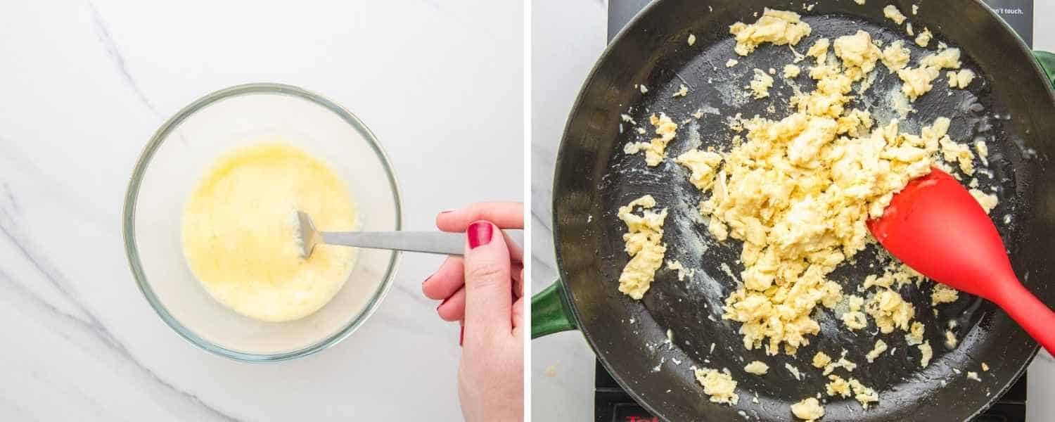 collage of two images showing how to cook eggs for fried rice