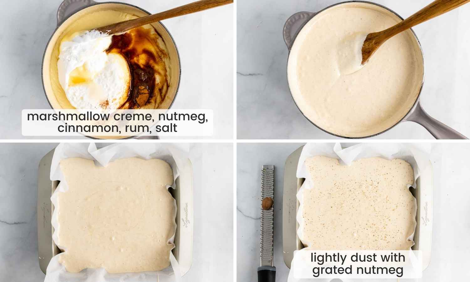 Collage of four images showing how to make eggnog fudge
