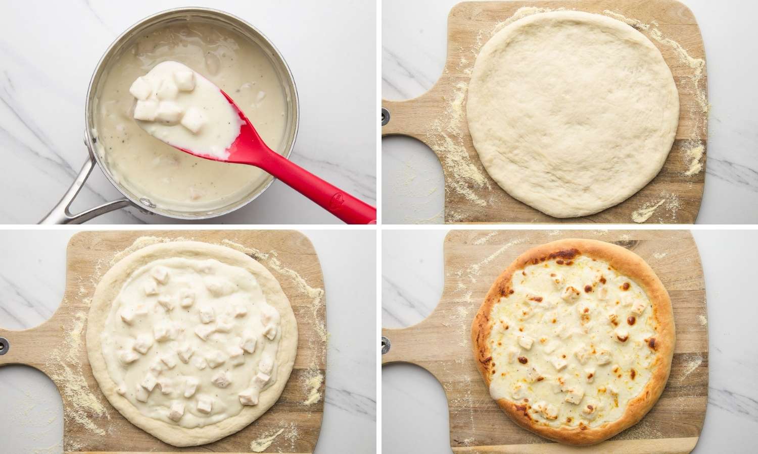 Collage of four images showing how to make alfredo chicken pizza