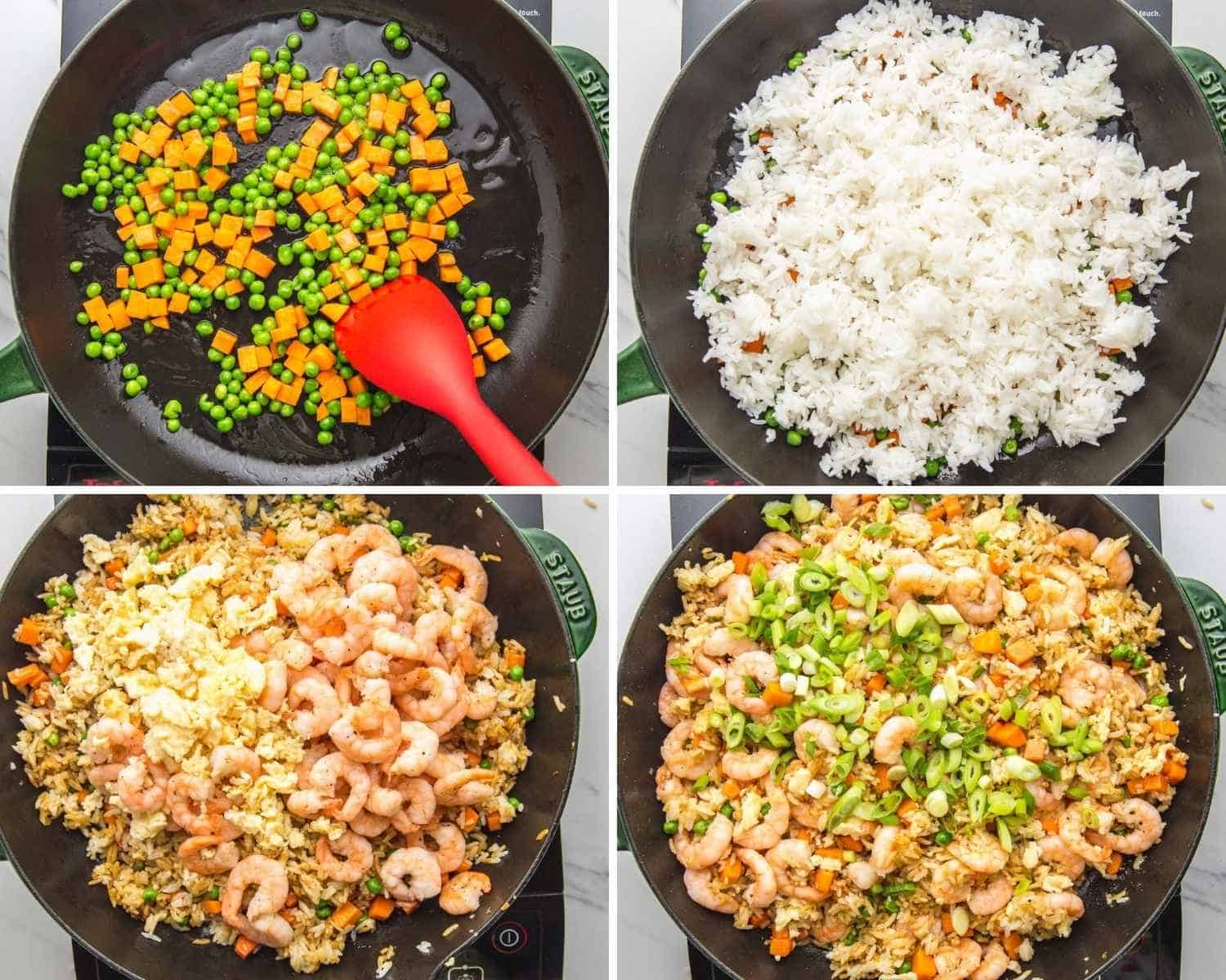 collage of four images showing how to cook veggies, add rice and the rest of the ingredients to make shrimp fried rice