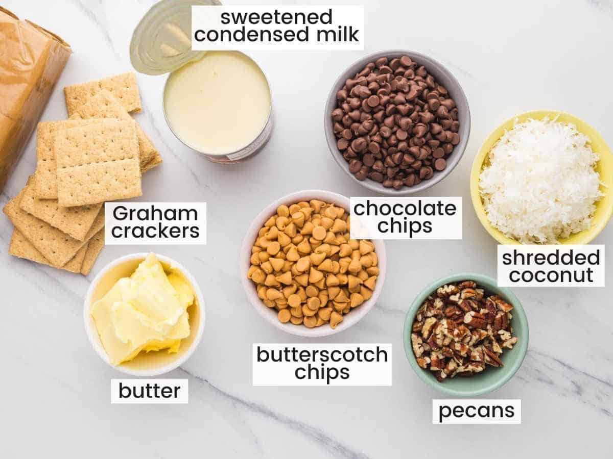 Ingredients needed to make seven layer cookie bars