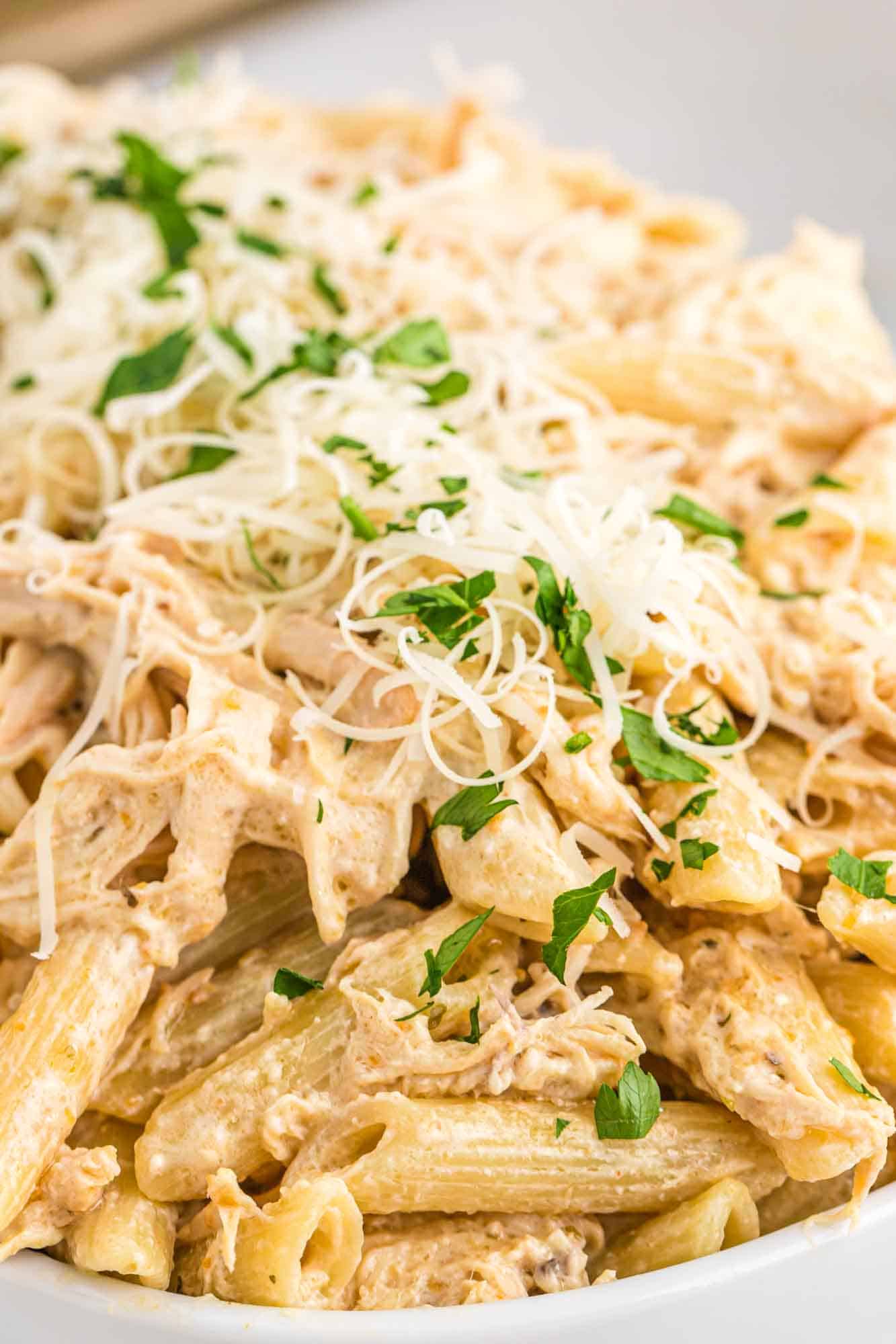 Close up shot of creamy chicken pasta with parmesan and parsley