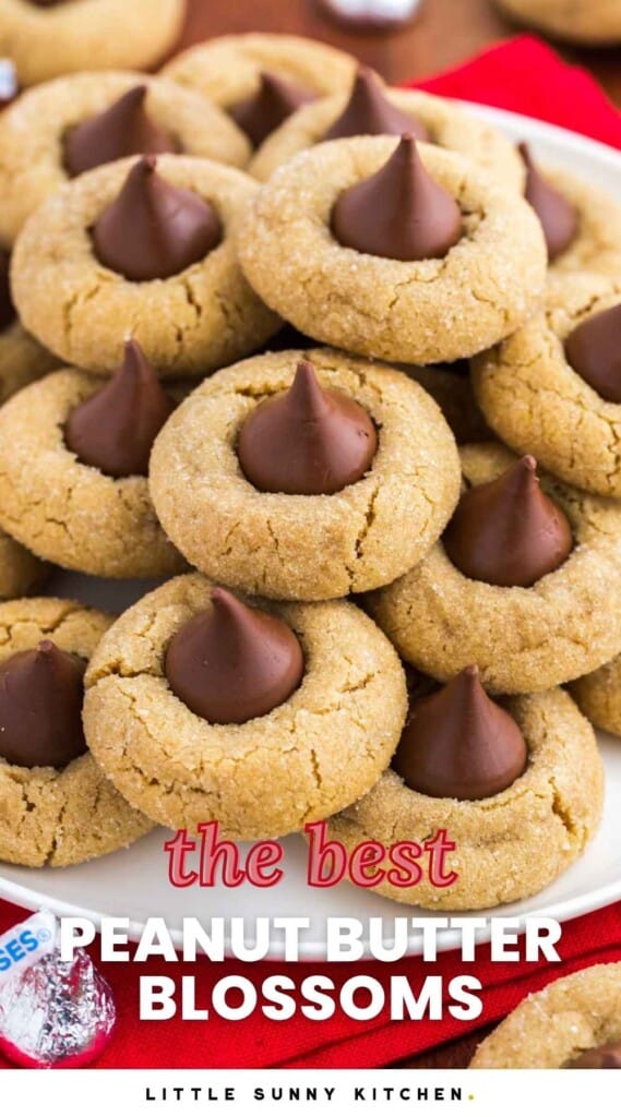 Stacked peanut butter blossoms served on a white plate, and overlay text that says "the best peanut butter blossoms"