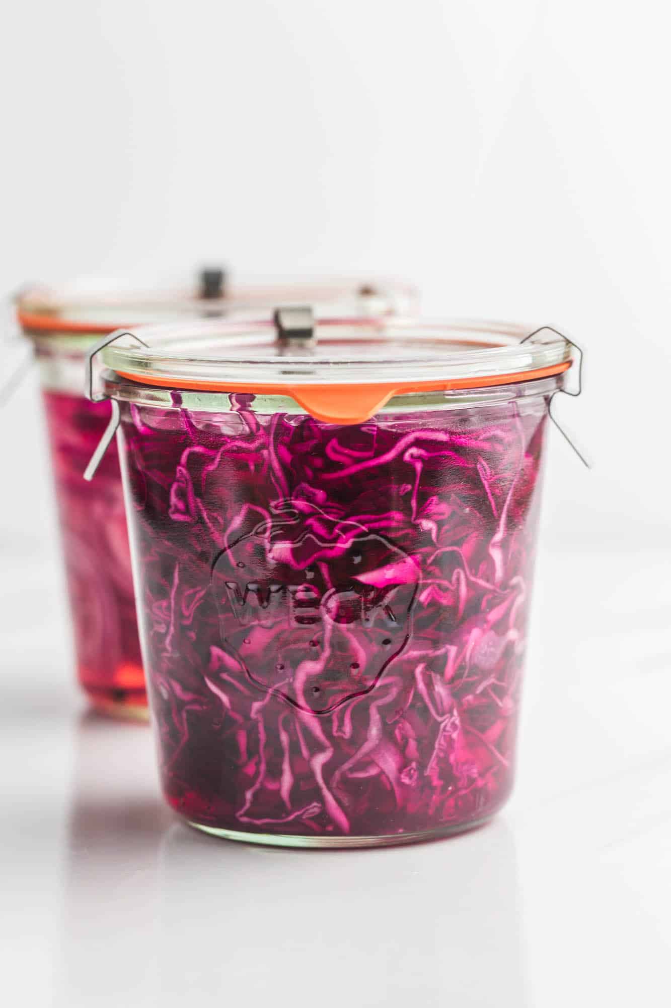 Weck jar with pickled red cabbage, sealed jars.