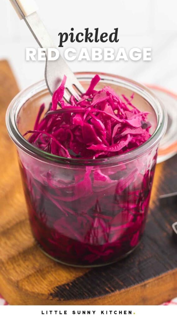 Taking pickled red cabbage for a Weck jar with a fork, with overlay text that says "pickled red cabbage"