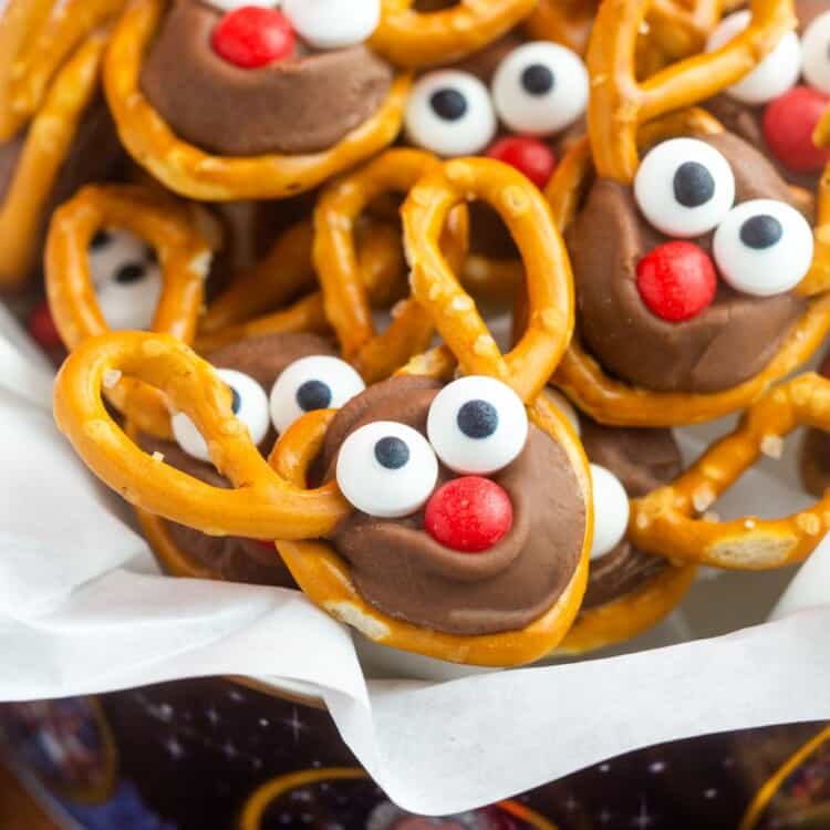 Close up shot of rolo reindeers in a gift box