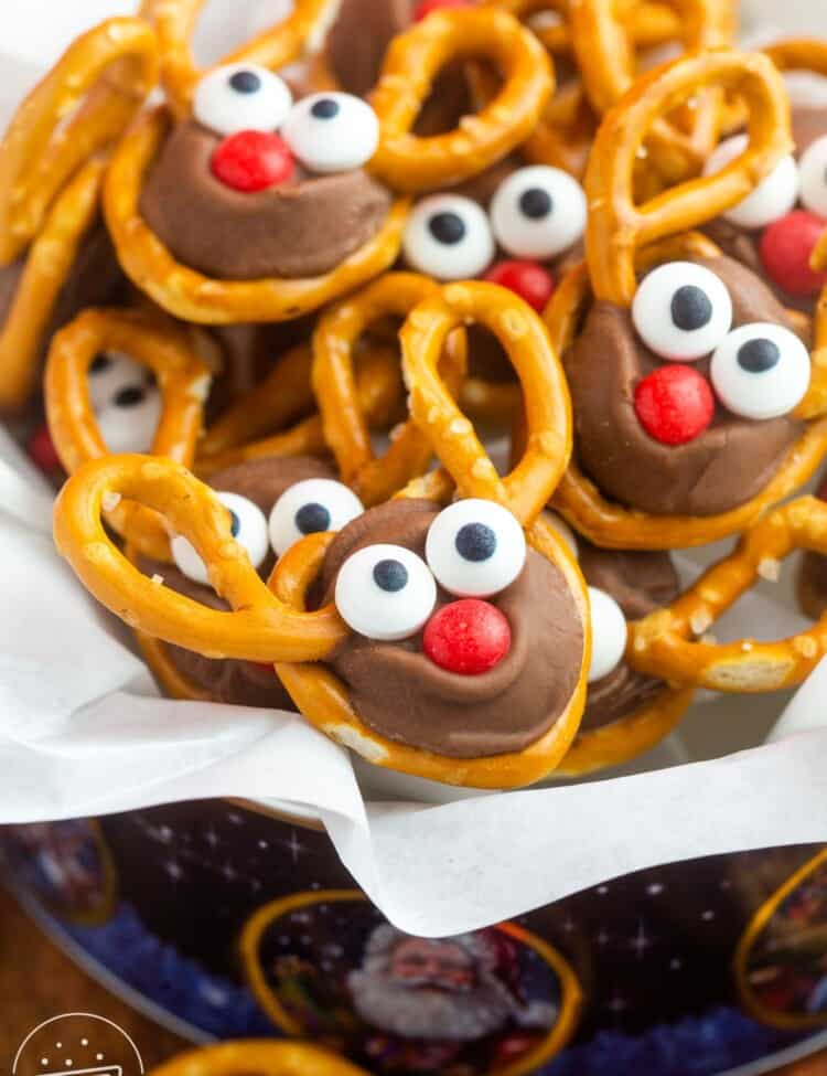 Close up shot of rolo reindeers in a gift box