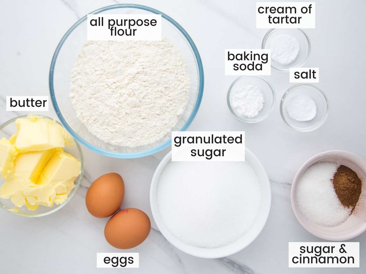 Ingredients needed to make snickerdoodle cookies including flour, eggs, butter, sugar, salt, cream of tartar, baking soda, and cinnamon.