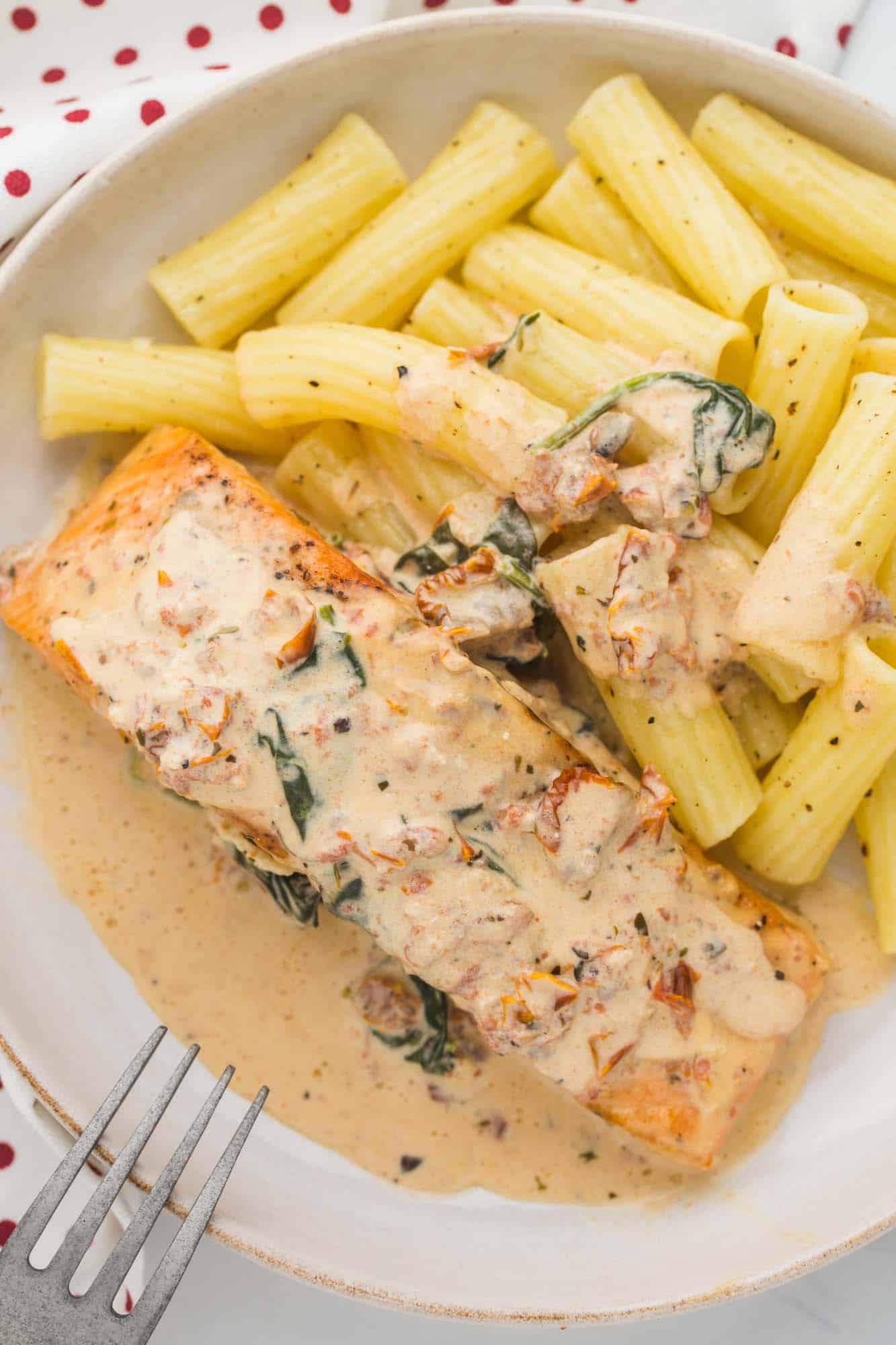 Overhead shot of tuscan salmon served with buttered noodles and extra sauce