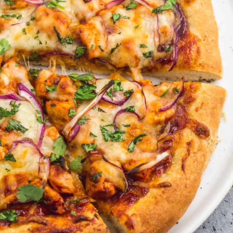 Overhead shot of a slice of BBQ Chicken Pizza