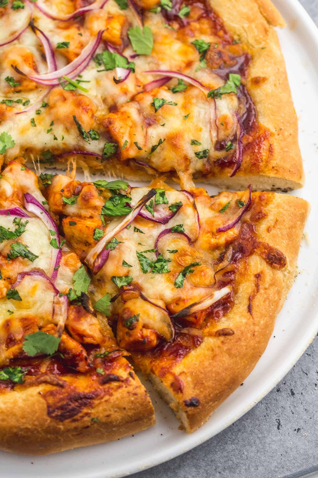 Overhead shot of a slice of BBQ Chicken Pizza