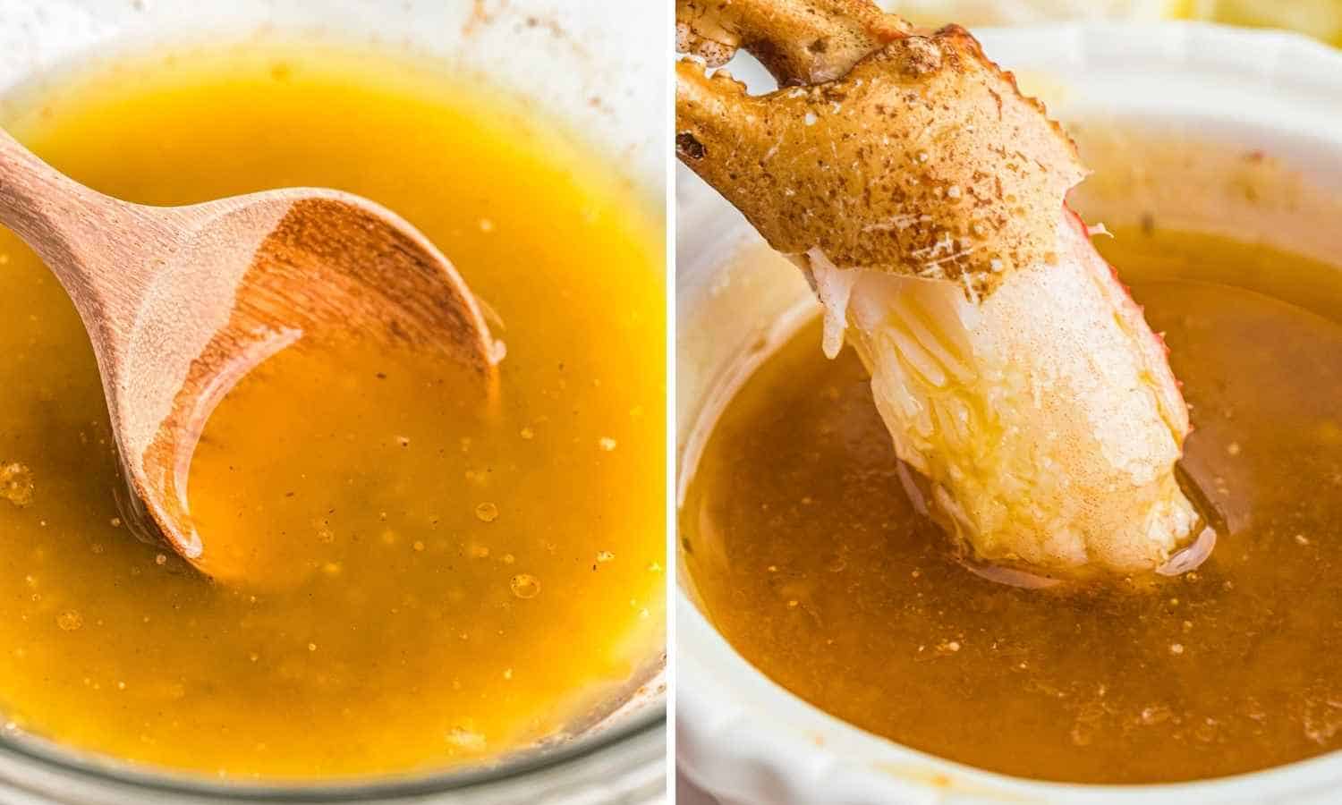 Collage of 2 images showing a butter sauce and dipping crab leg meat in the sauce