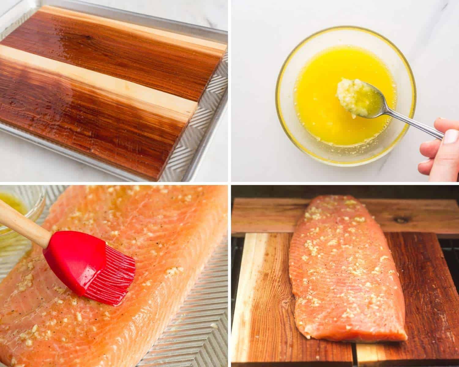 Collage of four images showing how to soak cedar planks, make butter mixture, brush it onto the salmon, and place the salmon on the planks on the grill.
