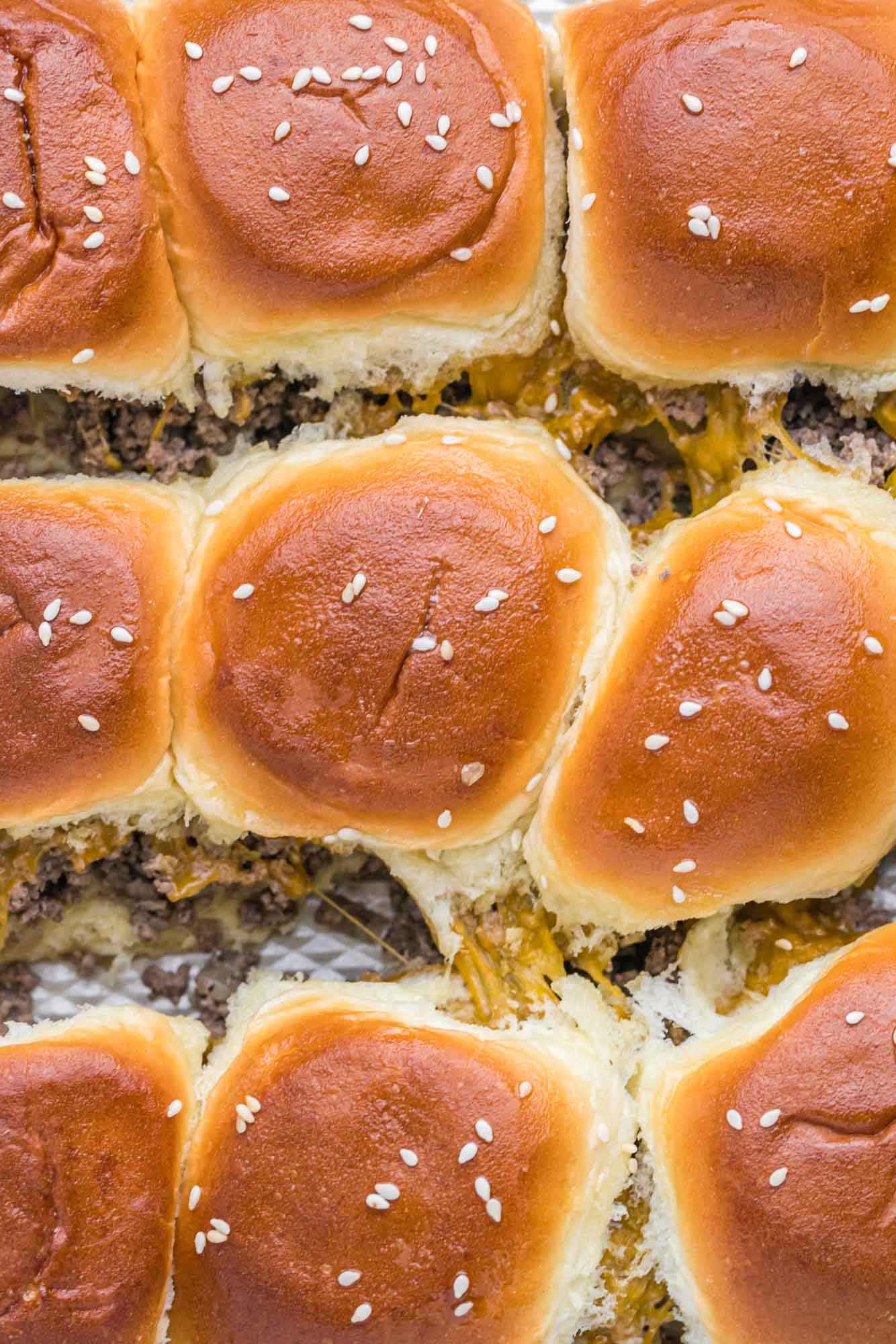 Overhead shot of cheeseburger sliders made with ground beef and cheese