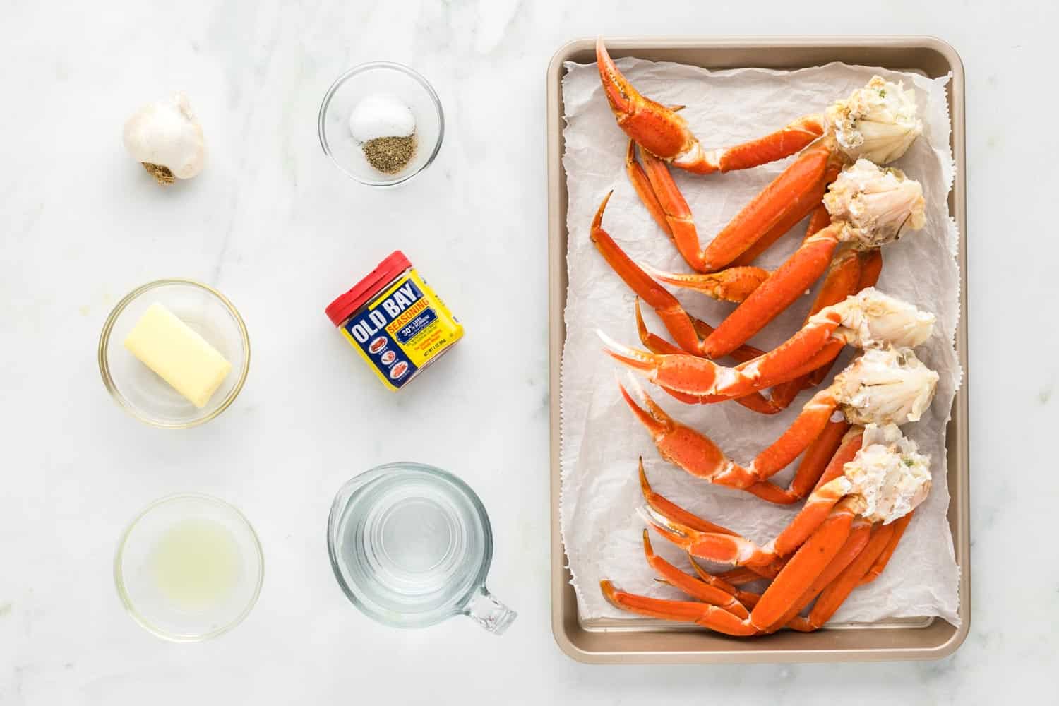 Ingredients needed to cook crab legs and make a dipping sauce