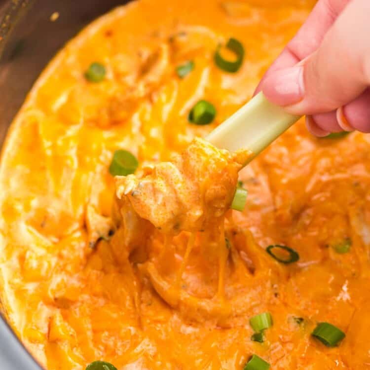 Dipping a celery stick in buffalo chicken dip in the slow cooker