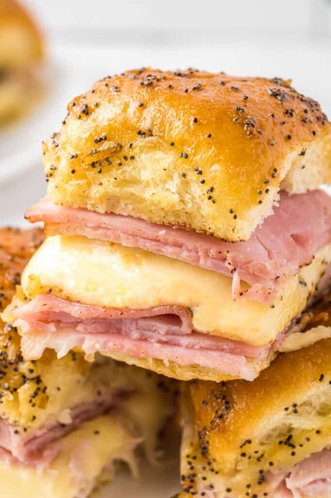 Close up shot of ham and cheese slider