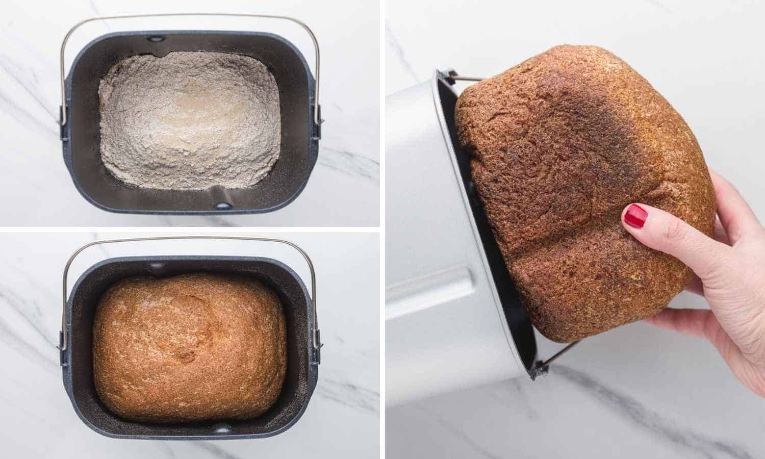 Collage of 3 images showing how to make whole wheat bread in the bread machine