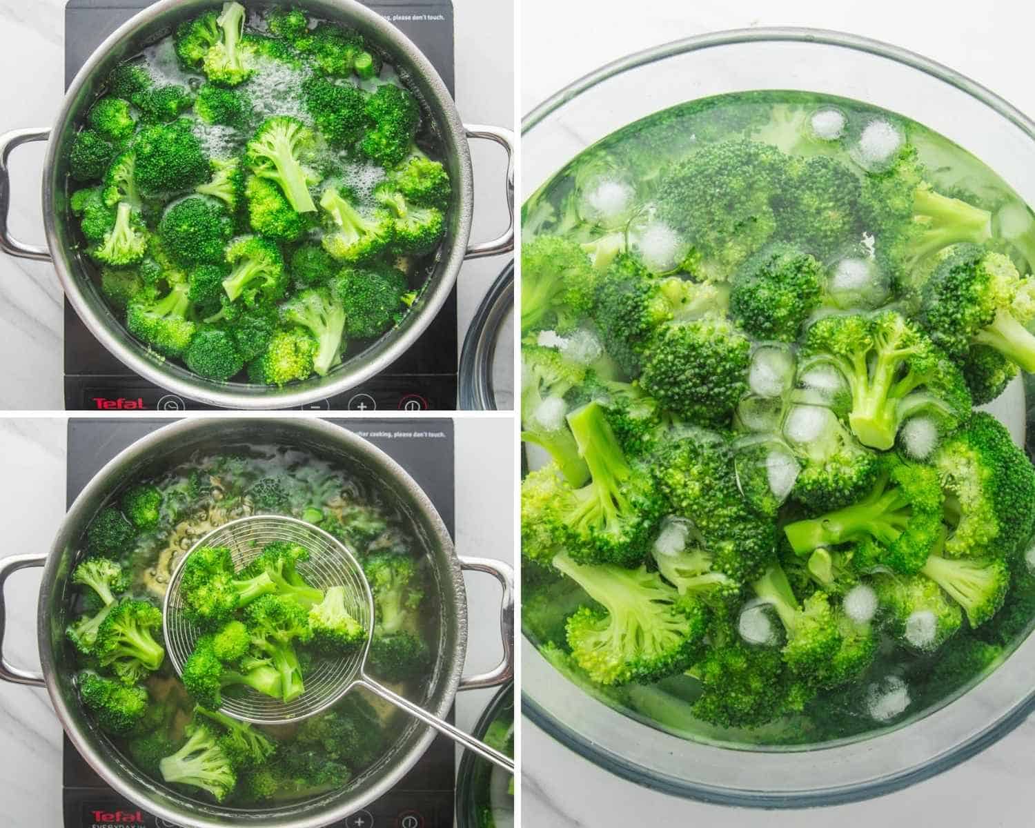 Collage of three images showing how to blanch broccoli