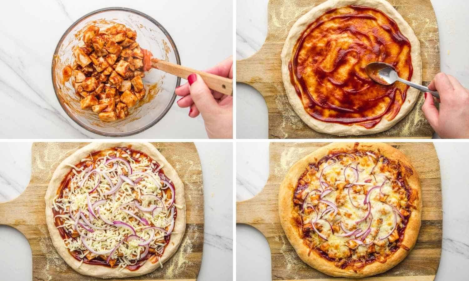 Collage of four images showing how to make BBQ chicken pizza.