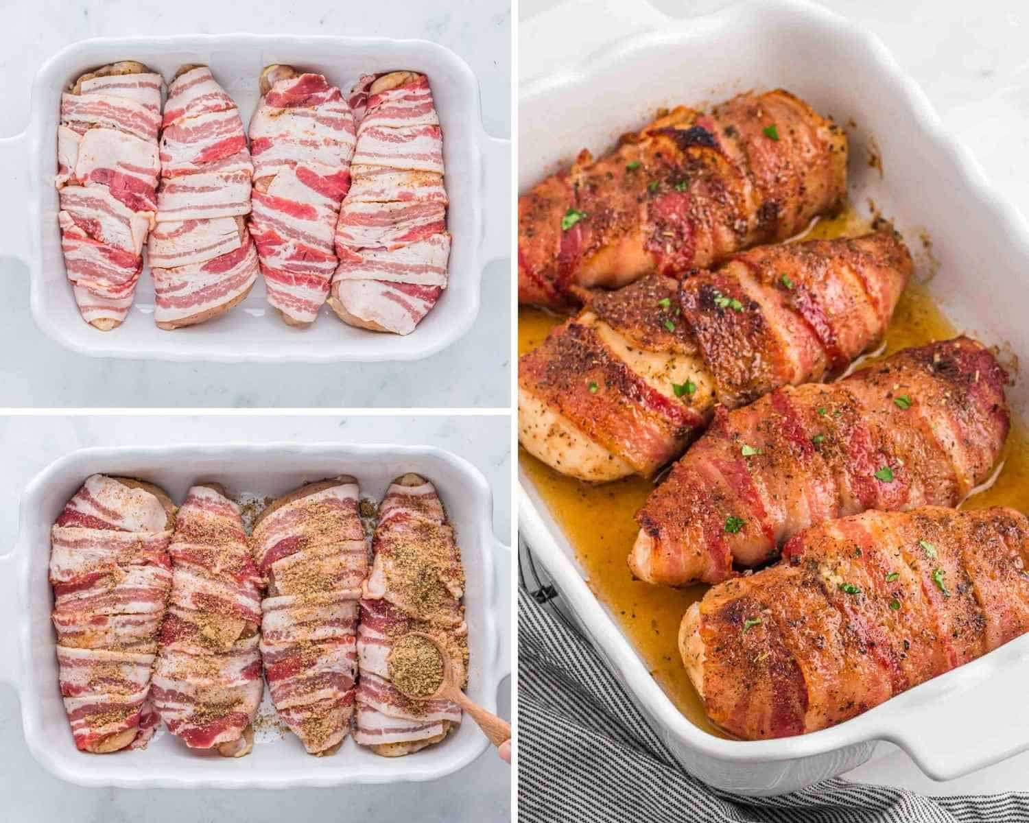 Collage of three images showing how to wrap chicken breasts in bacon, add the brown sugar rub and bake