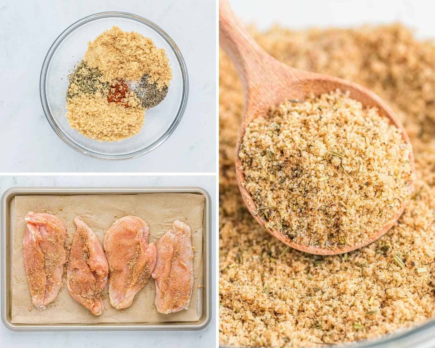 Collage of three images showing how to make a brown sugar rub and then season the chicken breasts with it