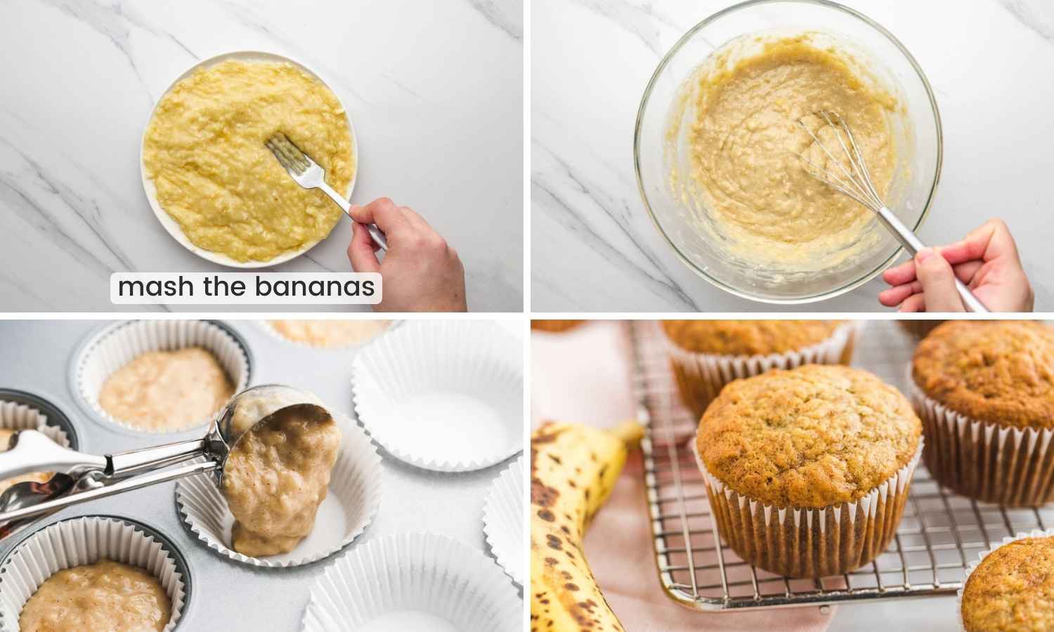 Collage of four images showing how to make banana muffins