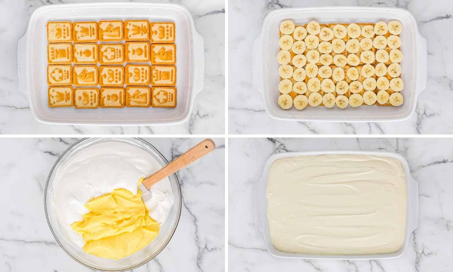 Collage of four images showing how to make banana pudding