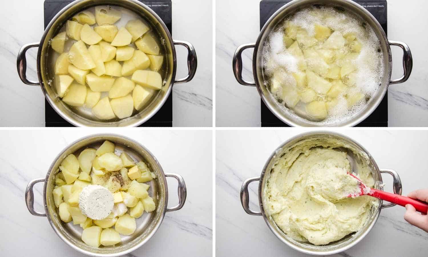 Collage of four images showing how to make Boursin mashed potatoes