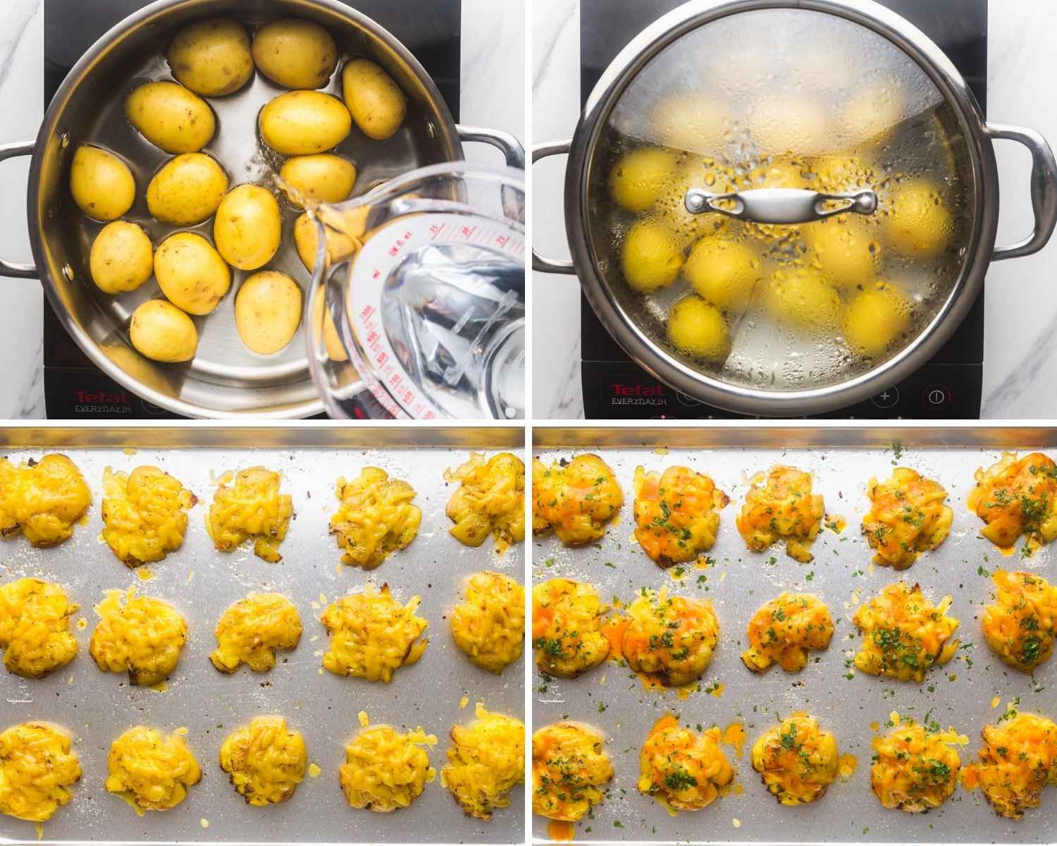 Collage of four images showing how to make buffalo smashed baby potatoes