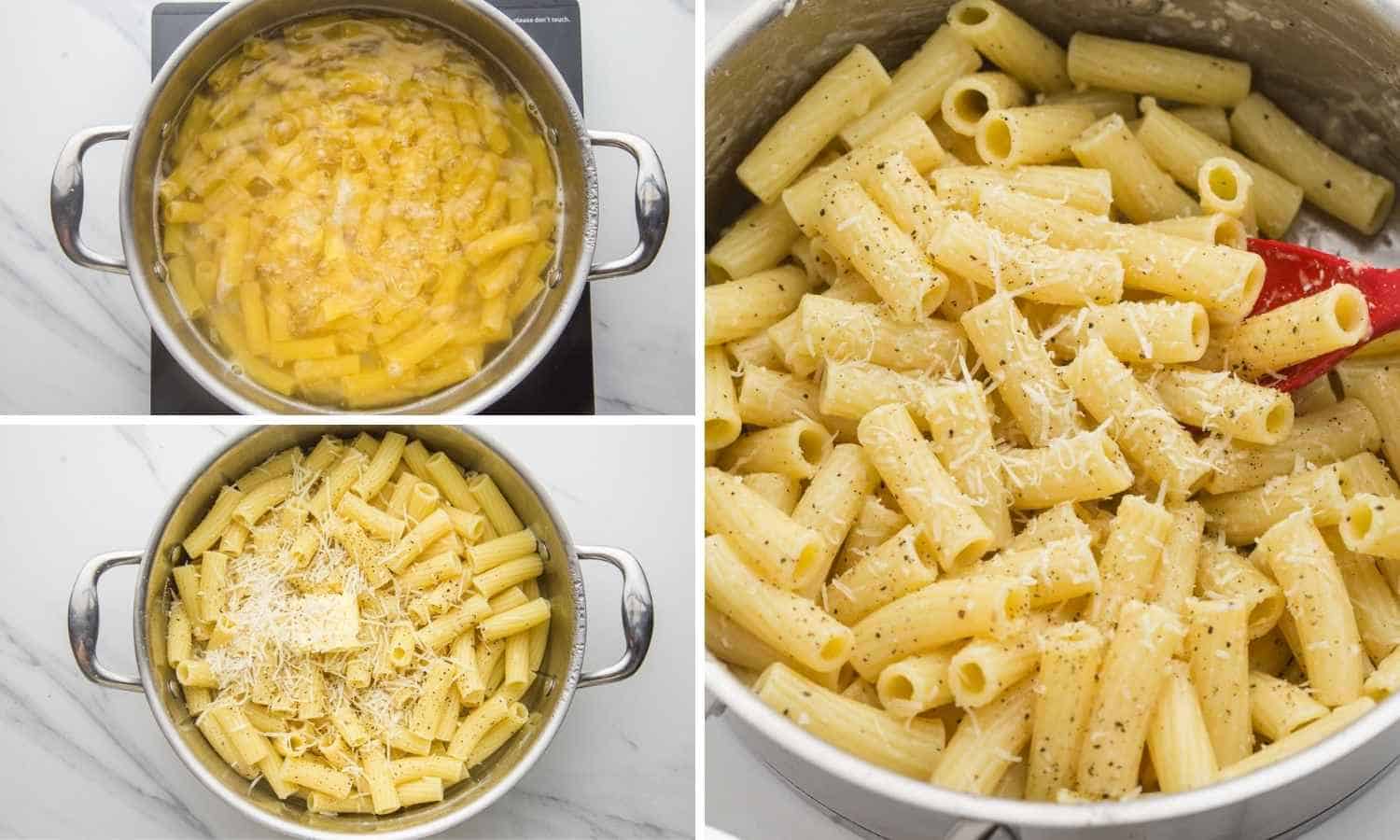 Collage of three images showing how to make buttered noodles
