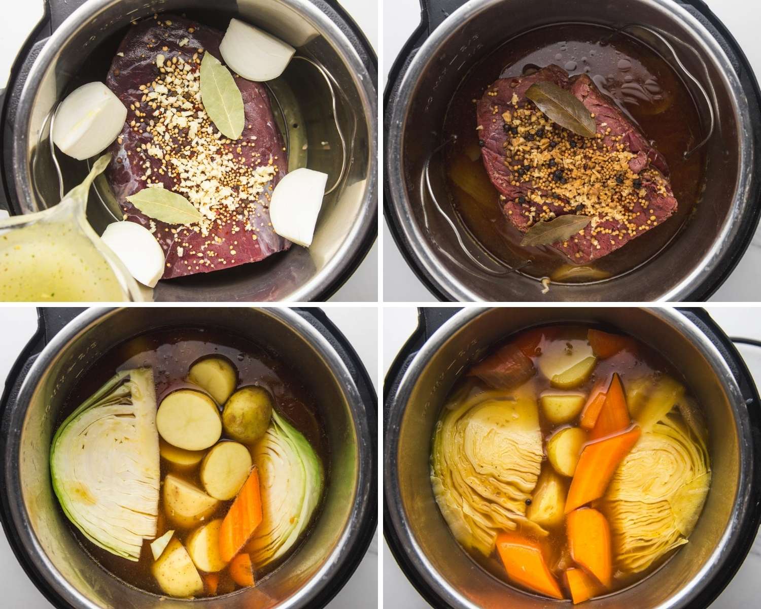 Collage of four images showing how to cook corned beef in the instant pot