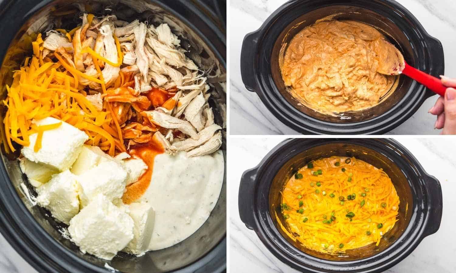 Collage of three images showing how to make buffalo dip in a slow cooker