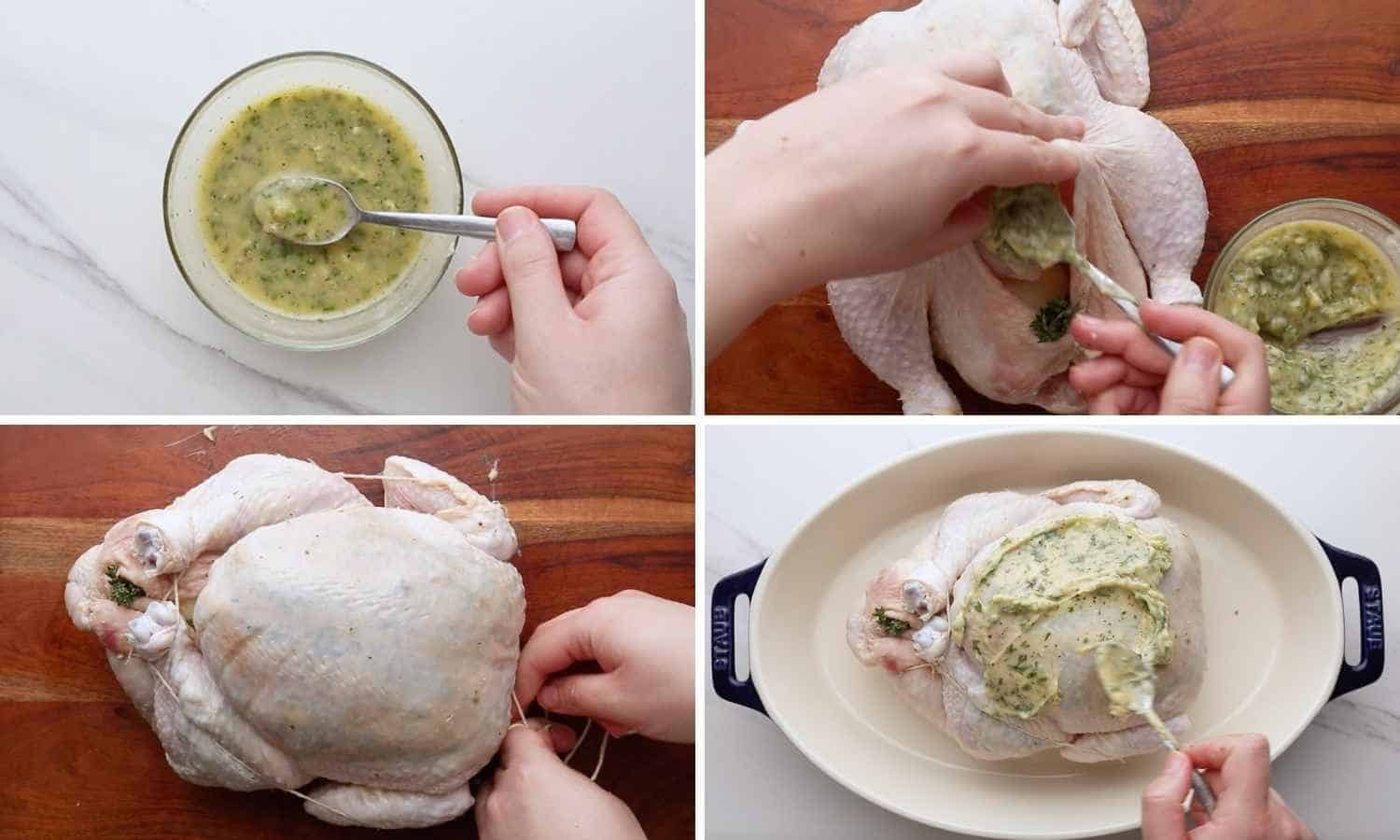 Collage of four images showing how to make garlic herb butter, and slather it all over the chicken to roast