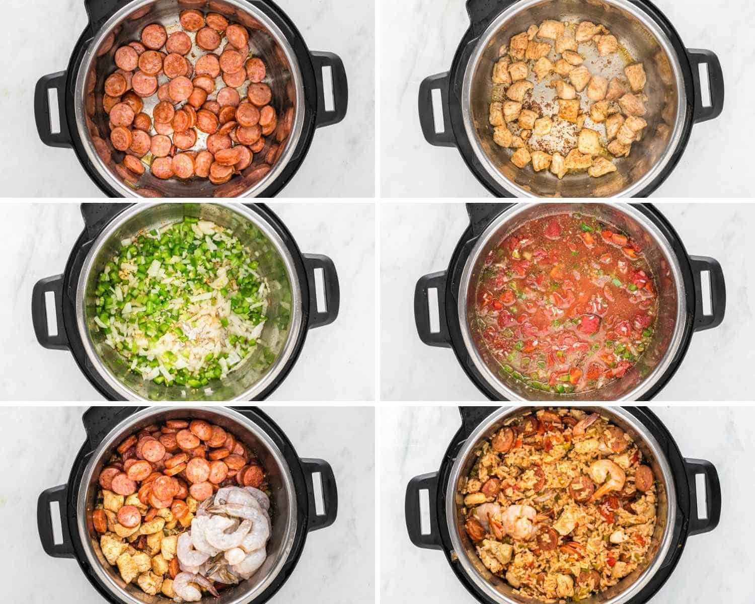Collage of 6 images showing how to make jambalaya in the instant pot, step by step.
