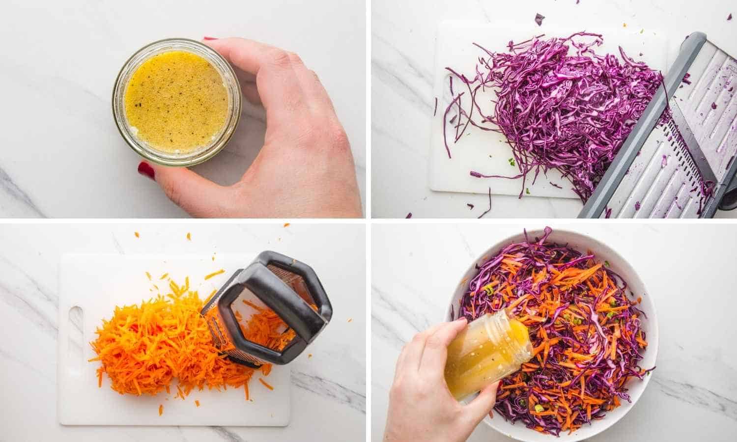 Collage of four images showing how to make cabbage slaw