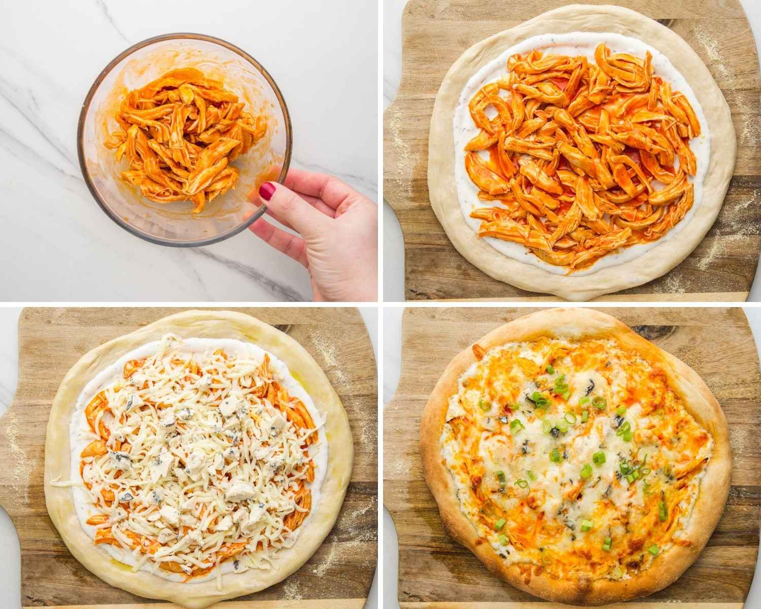 Four images showing how to make buffalo chicken pizza